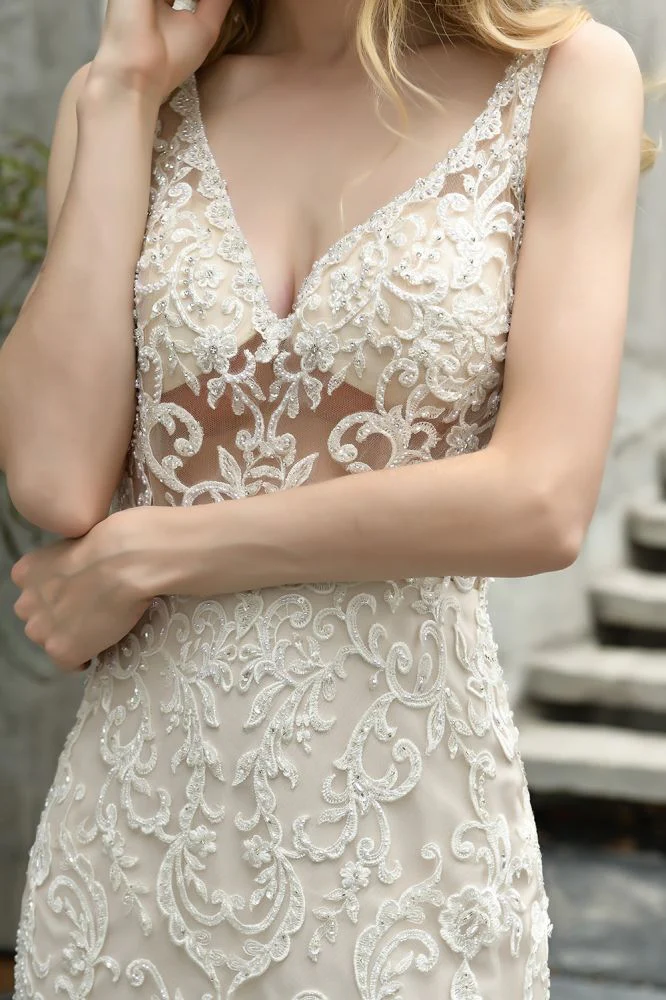 Modern See through Lace Mermaid Lace Sleeveless Ivory Wedding Dress with Ruffles Train - Image 4