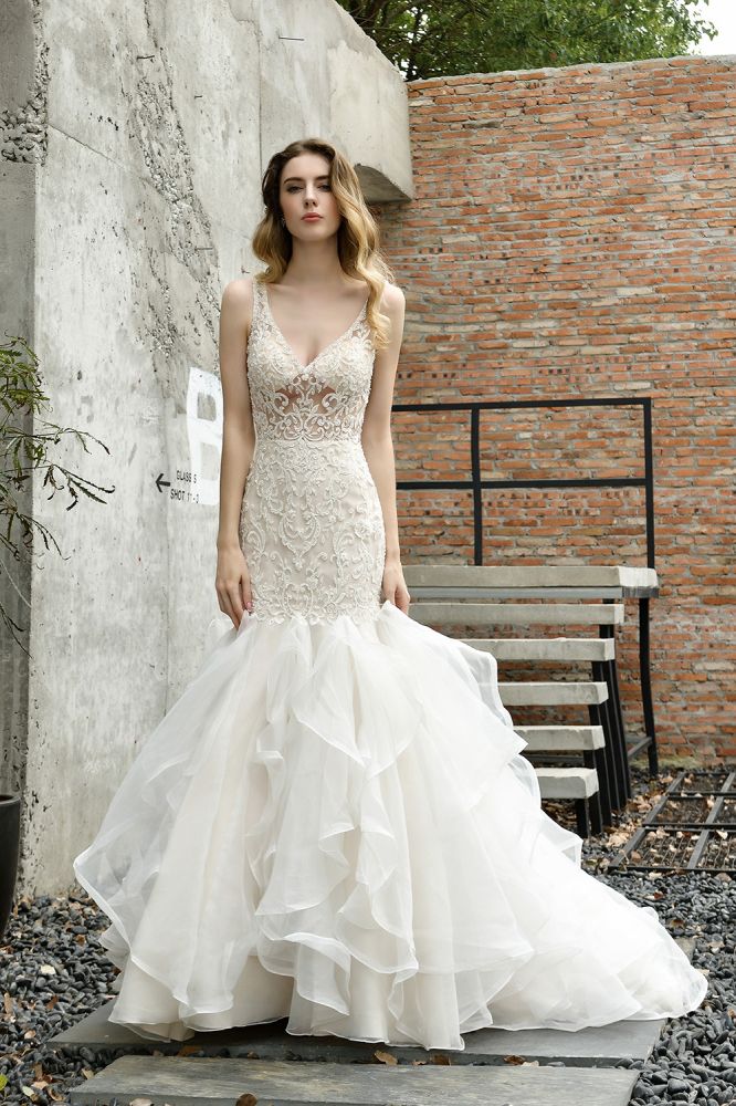 Modern See through Lace Mermaid Lace Sleeveless Ivory Wedding Dress with Ruffles Train - Image 6