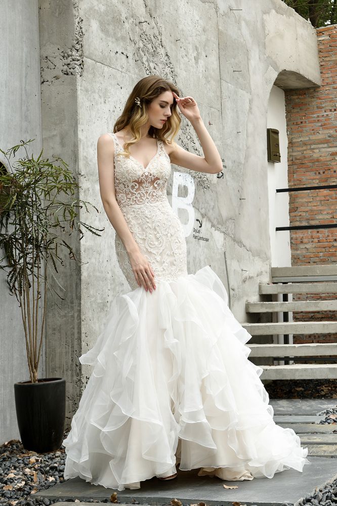Modern See through Lace Mermaid Lace Sleeveless Ivory Wedding Dress with Ruffles Train - Image 7