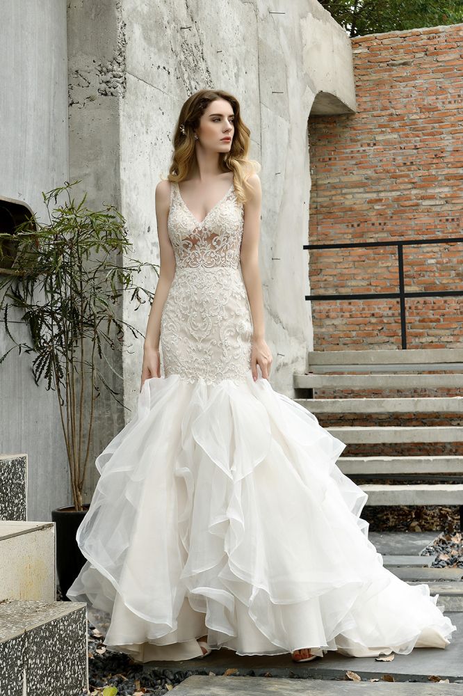 Modern See through Lace Mermaid Lace Sleeveless Ivory Wedding Dress with Ruffles Train - Image 8