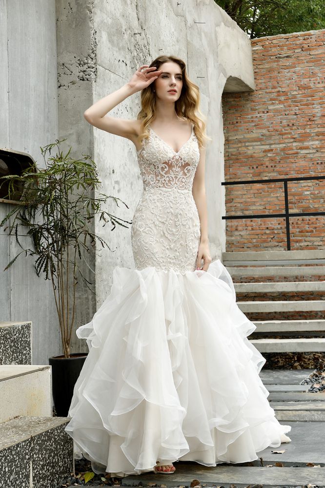 Modern See through Lace Mermaid Lace Sleeveless Ivory Wedding Dress with Ruffles Train - Image 9