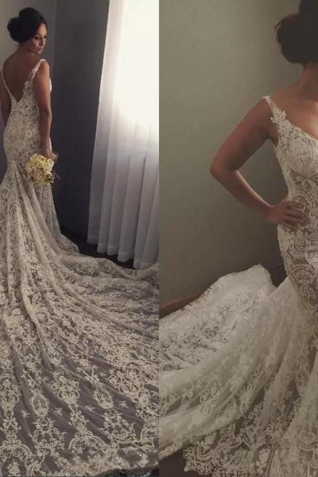 Modern Sleeveless V Neck Wedding Dress Mermaid Bridal Gowns with Lace Appliques - Image 3
