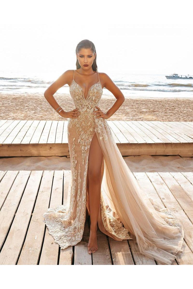 Modern Spaghetti Side Split Tulle Beach Wedding Dress - Image 3