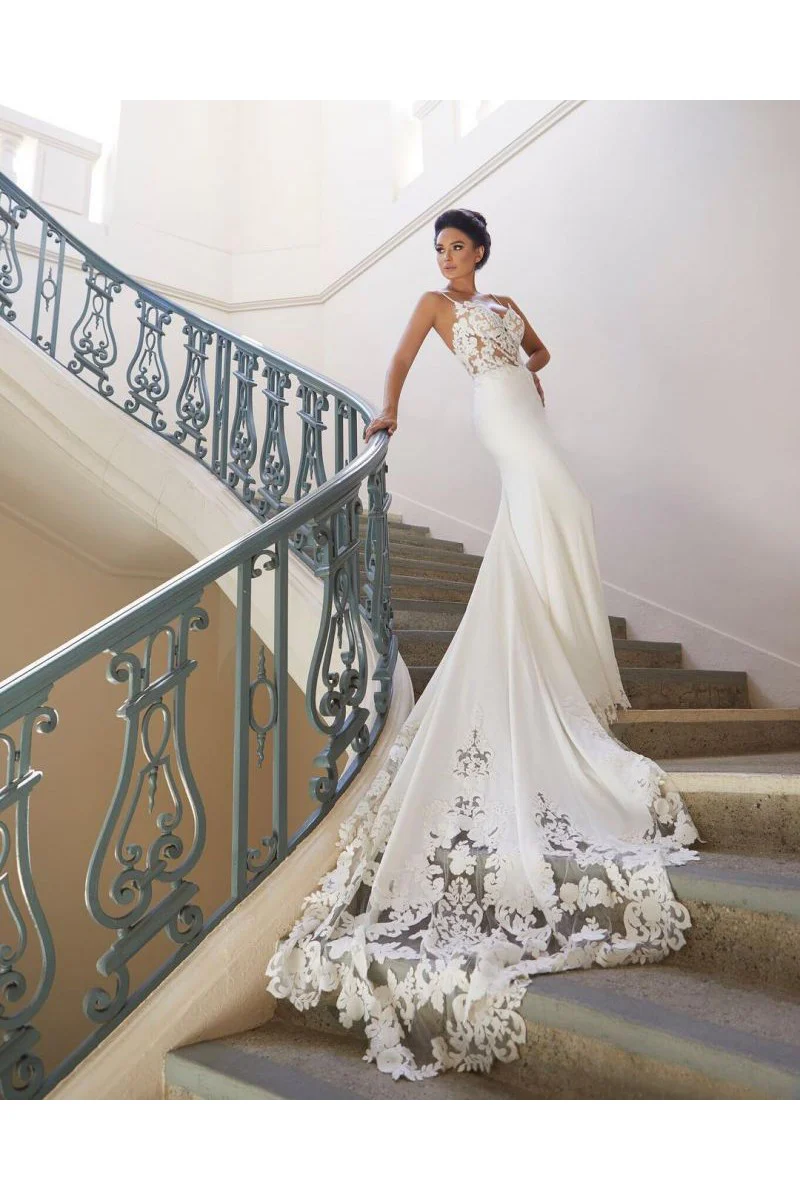 Modern Spaghetti Strap Wedding Dress Mermaid Chiffon Lace Bridal Gown - Image 3