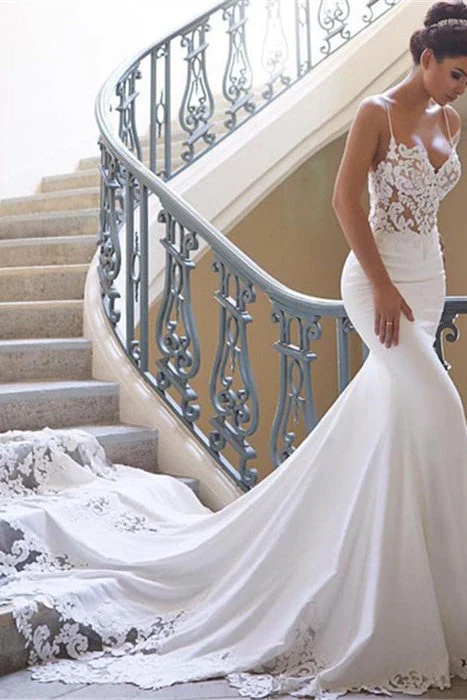 Modern Spaghetti Strap Wedding Dress Mermaid Chiffon Lace Bridal Gown - Image 4