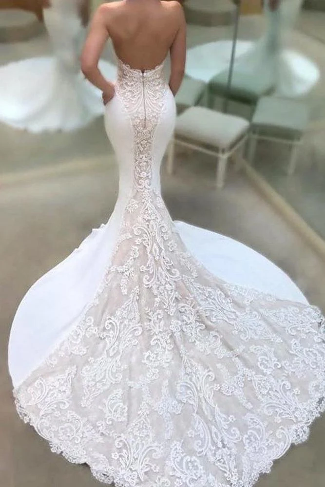 Modern Strapless Lace Wedding Dresses Online Classic Mermaid Open Back Bridal Gowns - Image 2