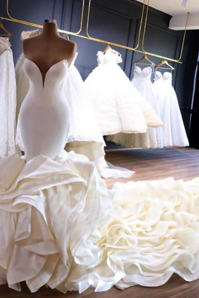 Modern Strapless Mermaid Ivory Wedding Dresses Tiered Ruffless Satin Bridal Gowns with Cathedral Train - Image 2