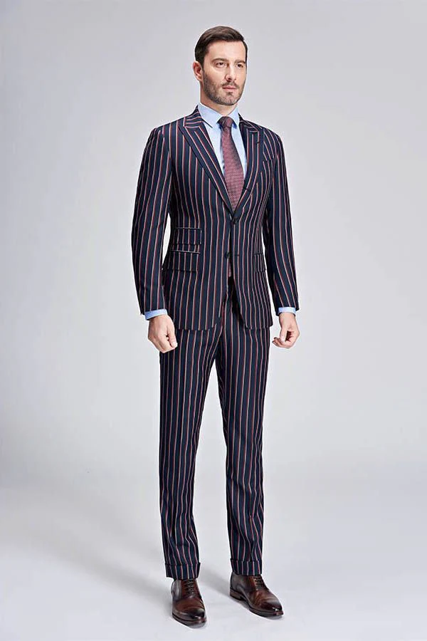 New Arrival Stripes Dark Navy Mens Suits Peak Lapel Three Flap Pockets Suits for Men - Image 2