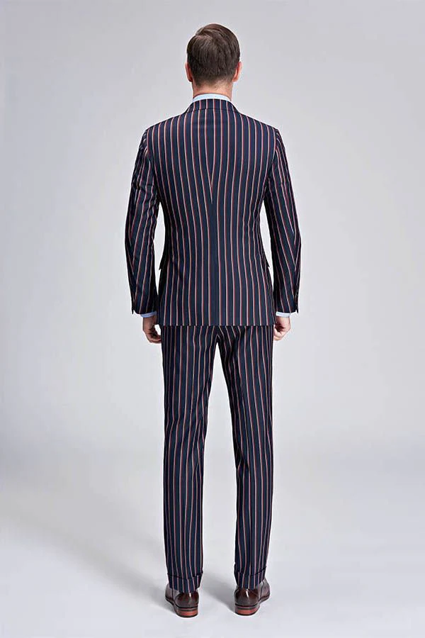 New Arrival Stripes Dark Navy Mens Suits Peak Lapel Three Flap Pockets Suits for Men - Image 4