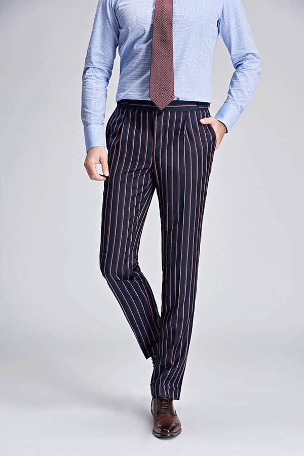 New Arrival Stripes Dark Navy Mens Suits Peak Lapel Three Flap Pockets Suits for Men - Image 6