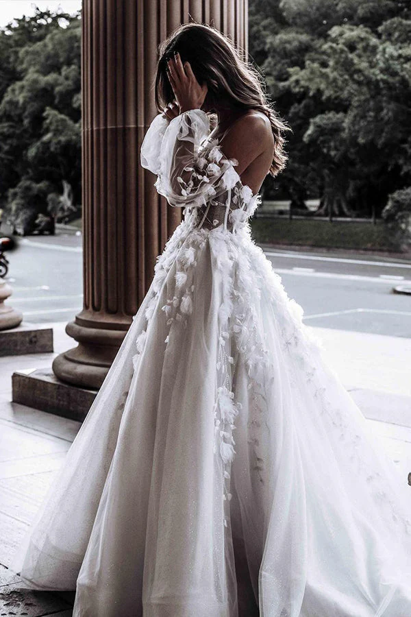 Modern Sweetheart Sleeveless Wedding Dress White 3D Floral Lace Bridal Gown - Image 3