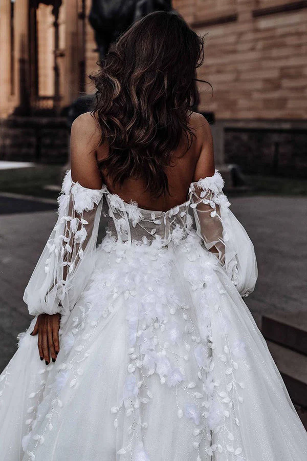 Modern Sweetheart Sleeveless Wedding Dress White 3D Floral Lace Bridal Gown - Image 6