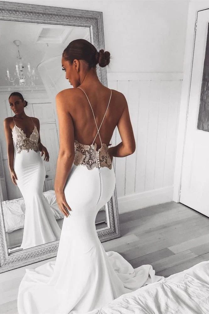 Modern V Neck Lace Spaghetti Strap Mermaid Wedding Dress Open Back Bridal Gown - Image 2