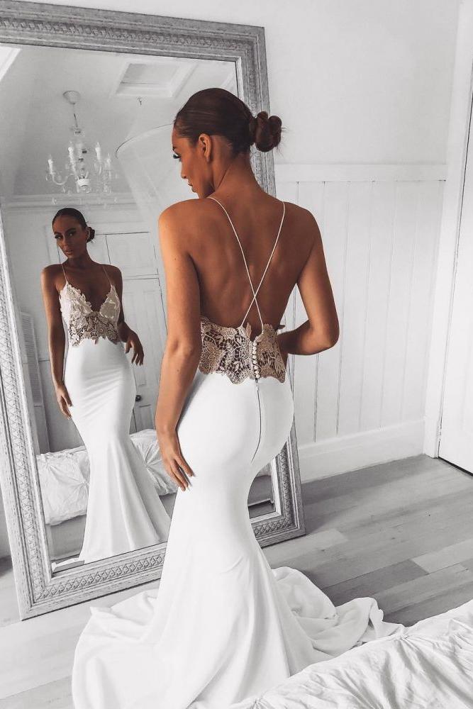 Modern V Neck Lace Spaghetti Strap Mermaid Wedding Dress Open Back Bridal Gown - Image 3