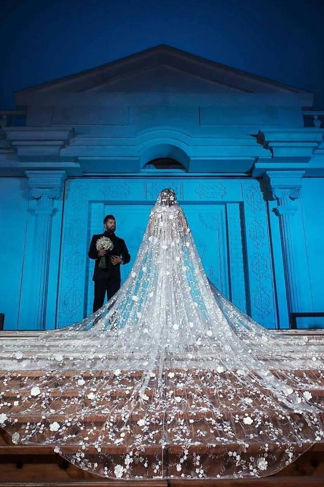 Modern V neck Long Wedding Dress with See through Long Train - Image 2