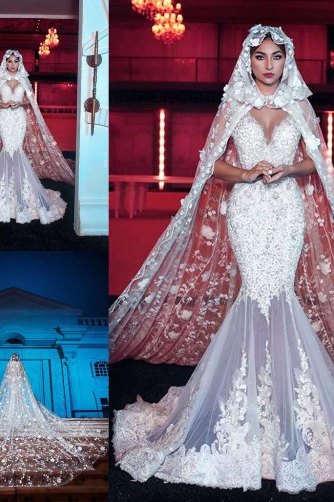 Modern V neck Long Wedding Dress with See through Long Train - Image 3
