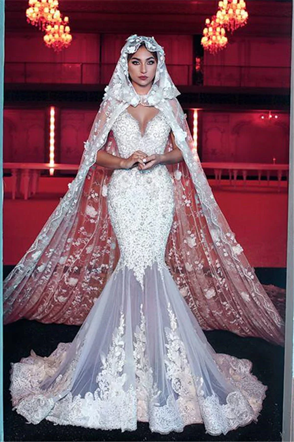 Modern V neck Long Wedding Dress with See through Long Train - Image 4