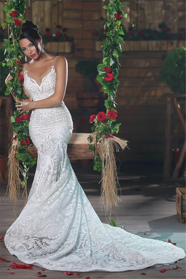 Modern V neck Mermaid Wedding Dresses Long Charming Lace Ope Back Tulle Straps Bridal Gowns - Image 3