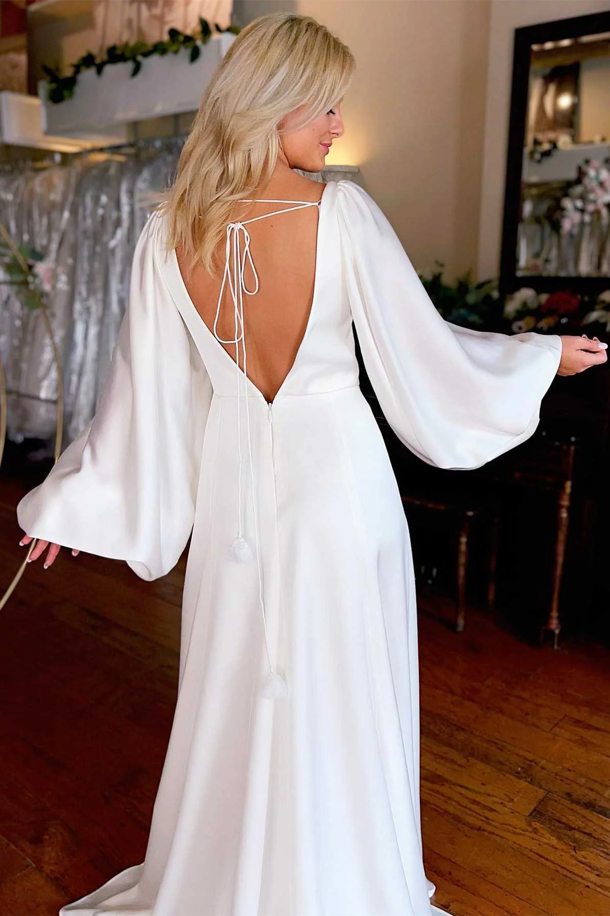 Modern V-Neck Satin Wedding Dresses Long Sleeves Open Back With High Slit - Image 2