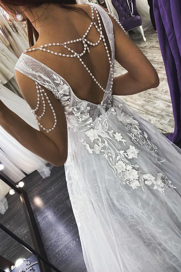 Modern V Neck Sleeveless Aline Wedding Dress Floral Lace Bridal Dress - Image 2