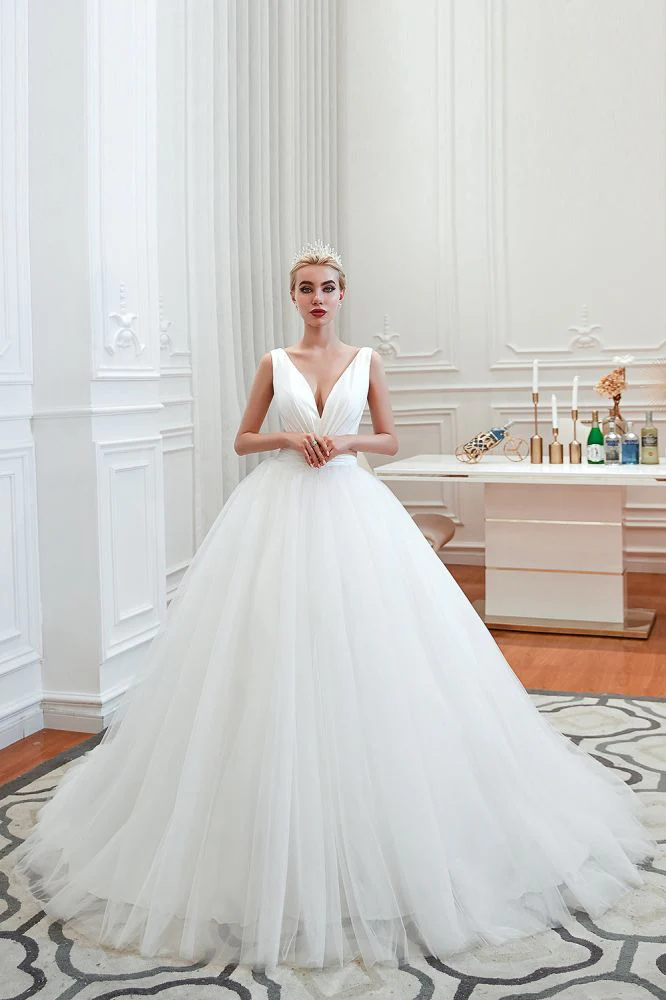 Modern V neck sleeveless White Princess Spring Wedding Dress - Image 10