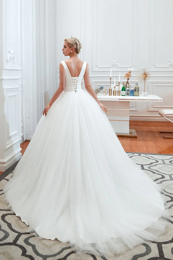 Modern V neck sleeveless White Princess Spring Wedding Dress - Image 6