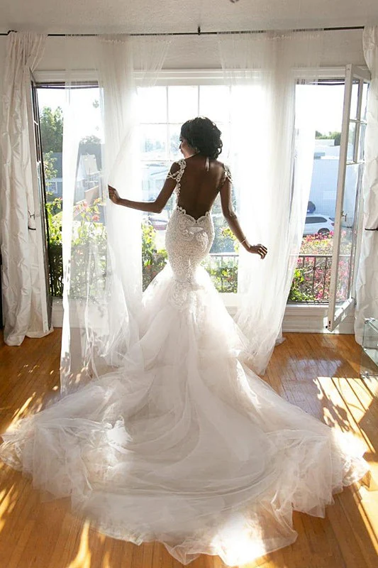 Modern V neck Thick Fall Wedding Dress with lace appliques - Image 2
