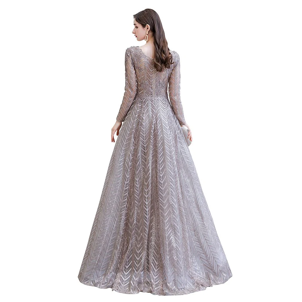 Modest Long Sleevess V-neck Princess Prom Party Gowns - Image 11