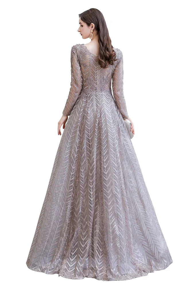 Modest Long Sleevess V-neck Princess Prom Party Gowns - Image 12