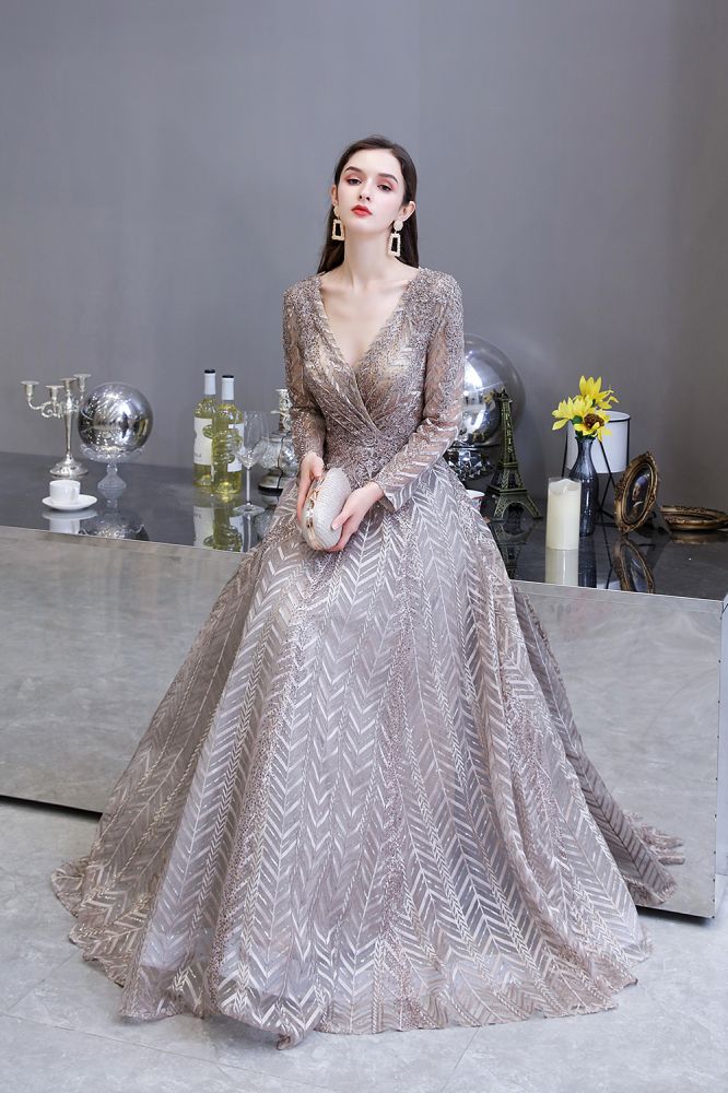 Modest Long Sleevess V-neck Princess Prom Party Gowns - Image 13