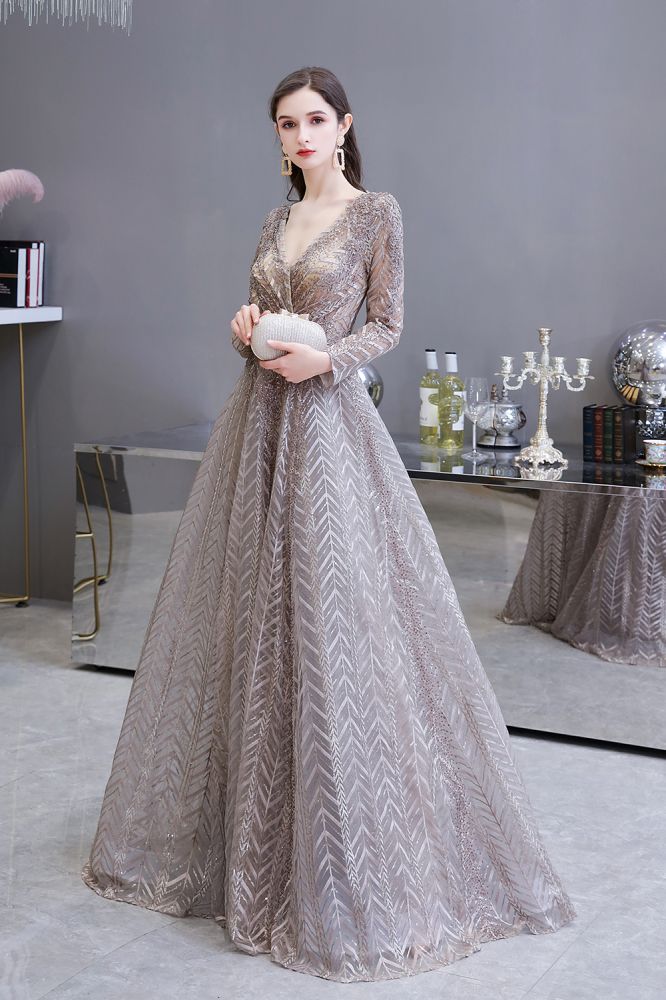 Modest Long Sleevess V-neck Princess Prom Party Gowns - Image 3