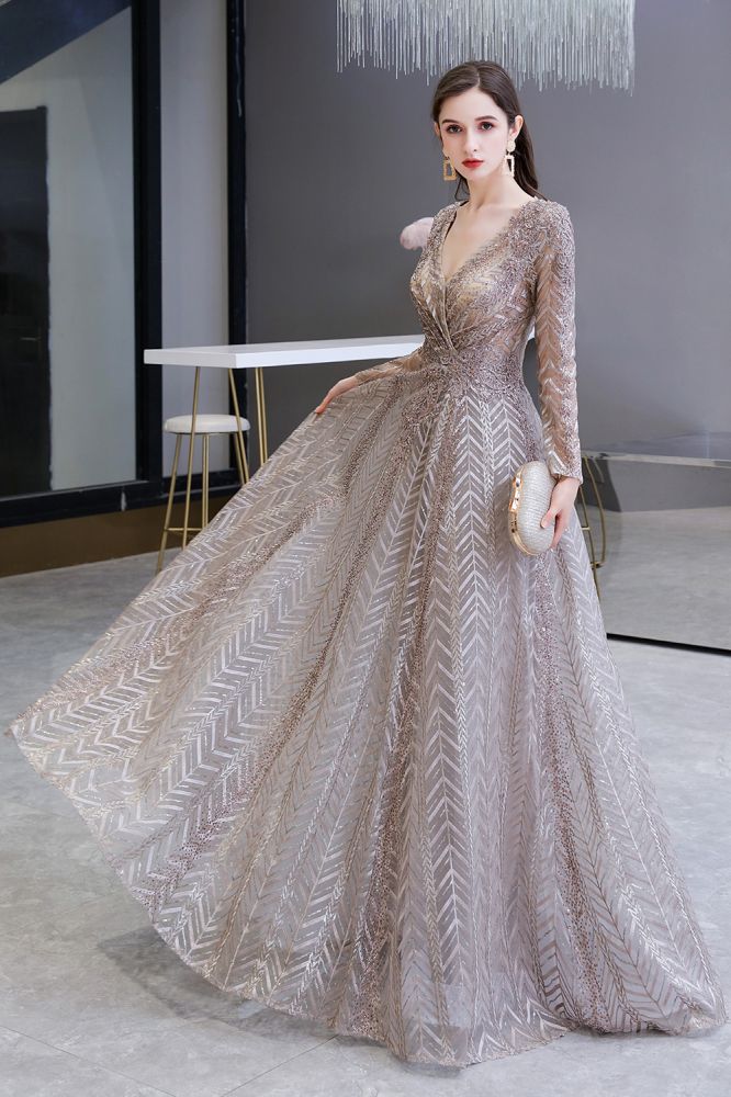 Modest Long Sleevess V-neck Princess Prom Party Gowns - Image 4