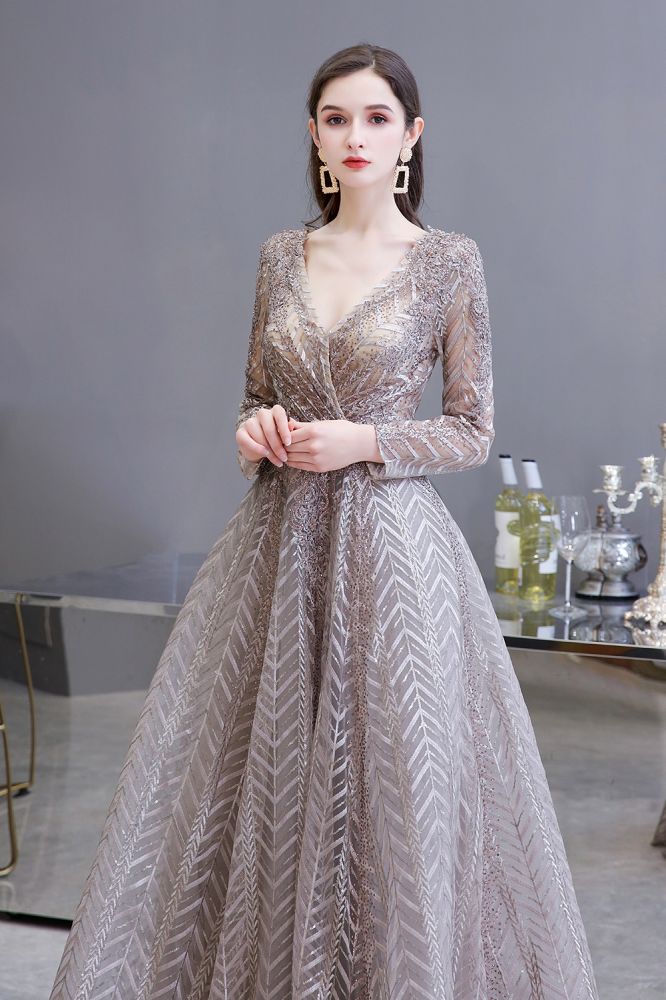Modest Long Sleevess V-neck Princess Prom Party Gowns - Image 5