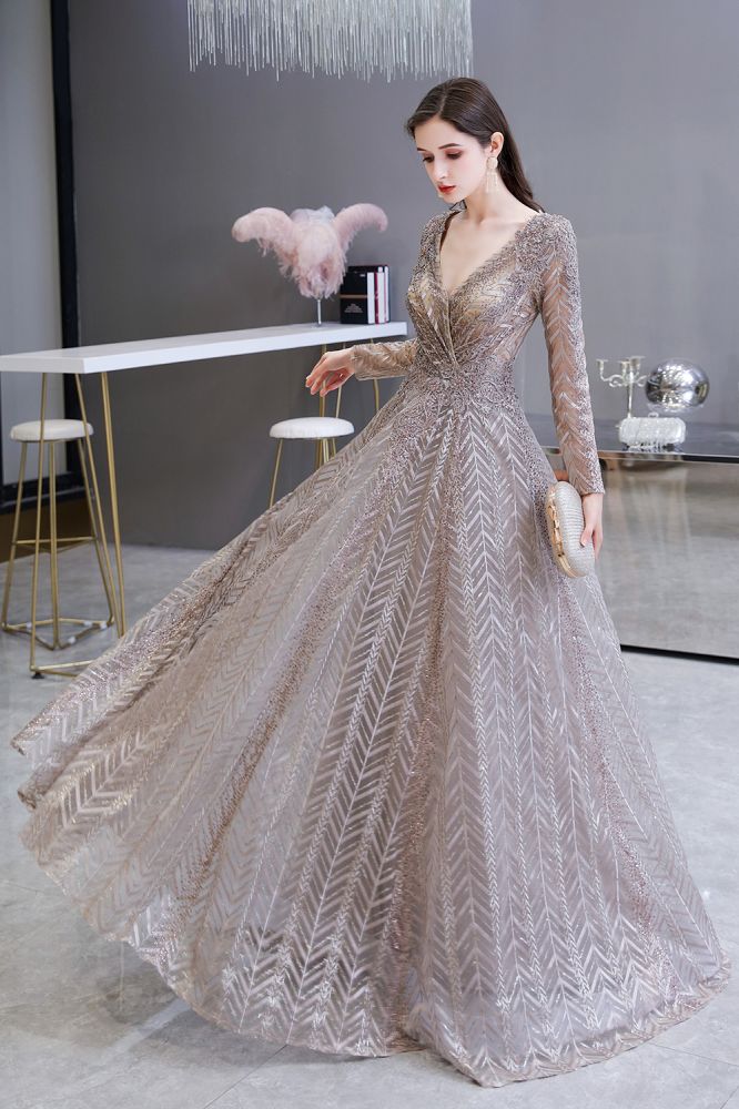Modest Long Sleevess V-neck Princess Prom Party Gowns - Image 7