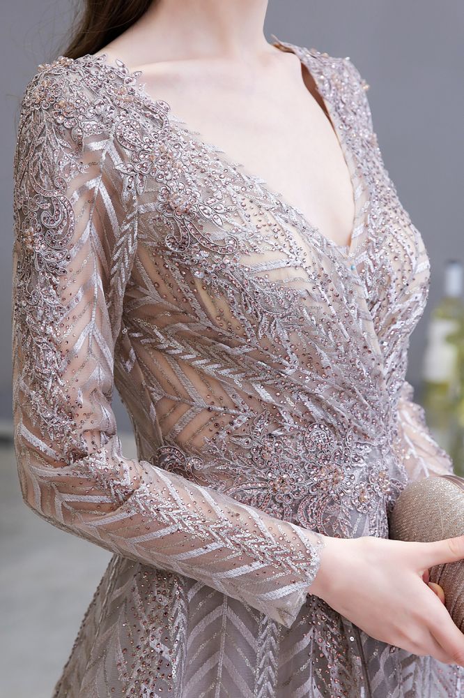 Modest Long Sleevess V-neck Princess Prom Party Gowns - Image 8
