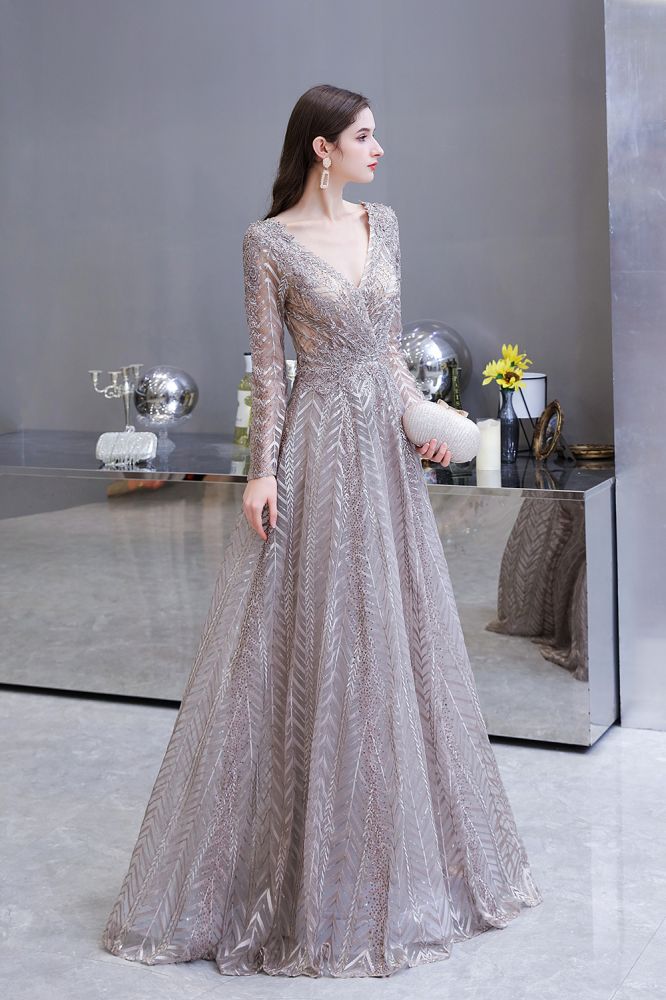 Modest Long Sleevess V-neck Princess Prom Party Gowns - Image 9