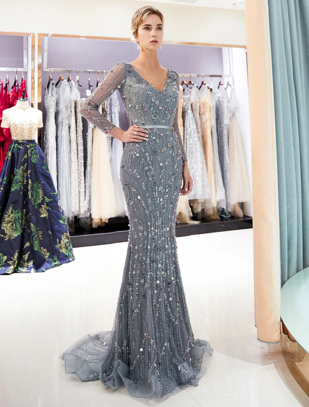 Classic Mother Of The Groom Dresses Grey Long Sleeve Luxury Beading V Neck Sash Formal Gowns With Train - Image 3