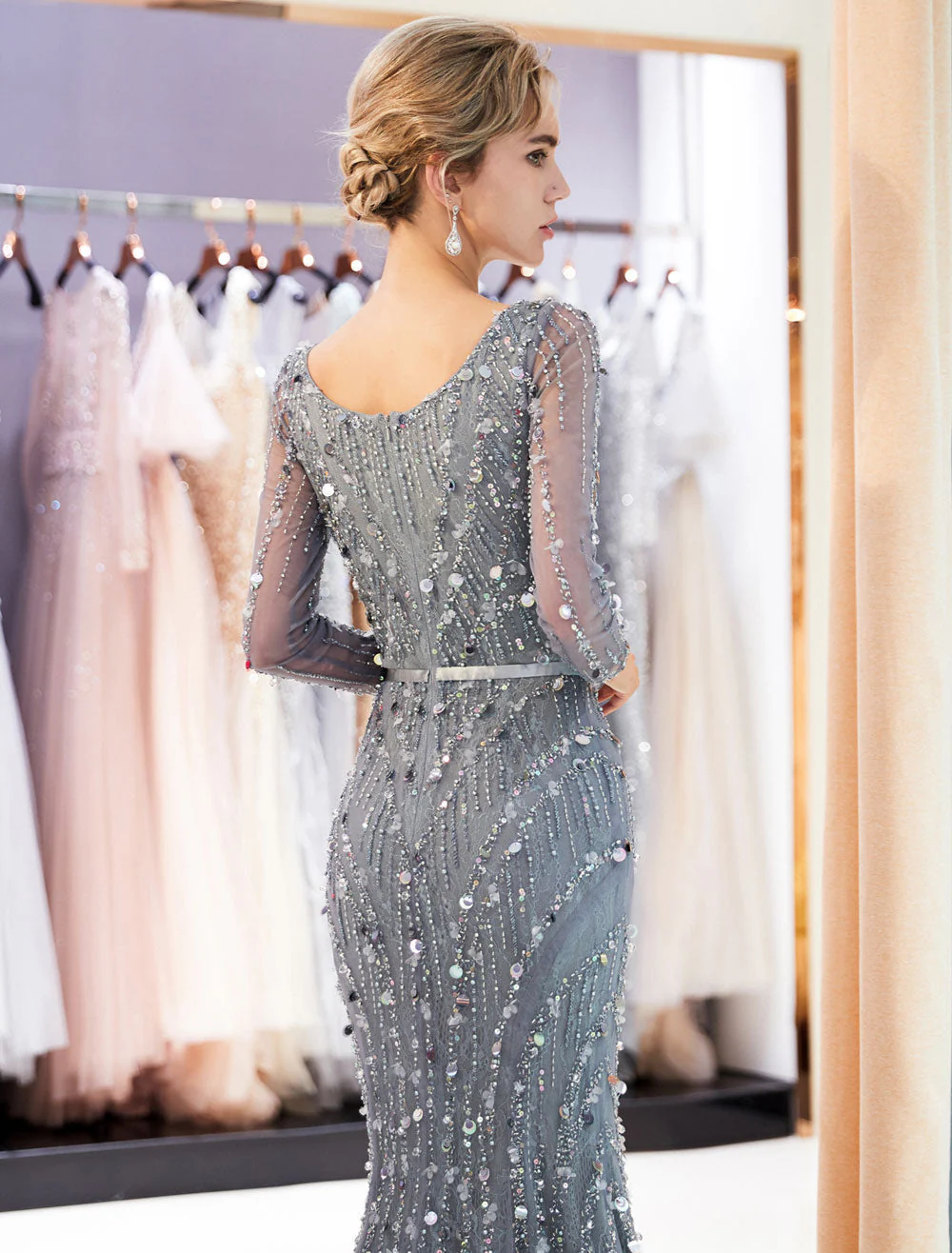 Classic Mother Of The Groom Dresses Grey Long Sleeve Luxury Beading V Neck Sash Formal Gowns With Train - Image 7