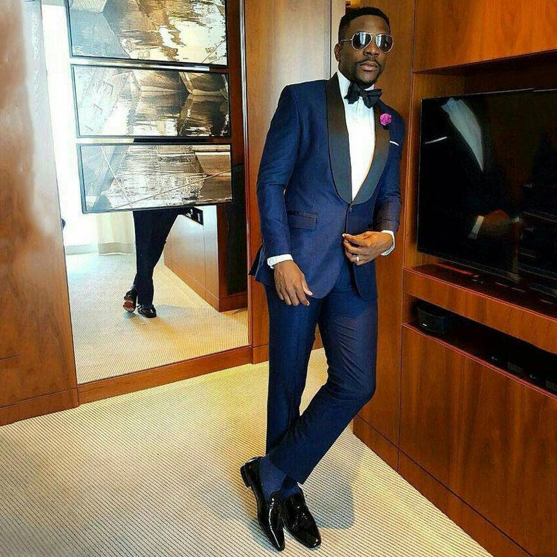 Navy Blue Custom design Bespoke Shawl Lapel Wedding Groom Suits Online - Image 2