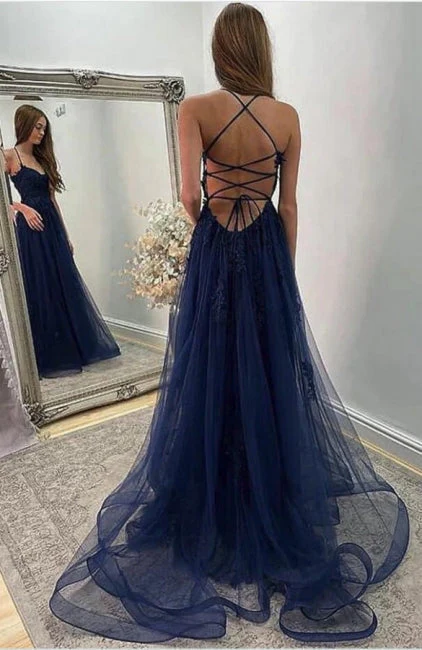 Navy Blue Halter Front Slit Spaghetti Straps A-Line Tulle Prom Dress - Image 2