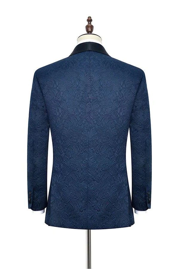 Navy Blue Mens Suits for Weddings Jacquard Black Silk Shawl Lapel Marriage Suits - Image 2