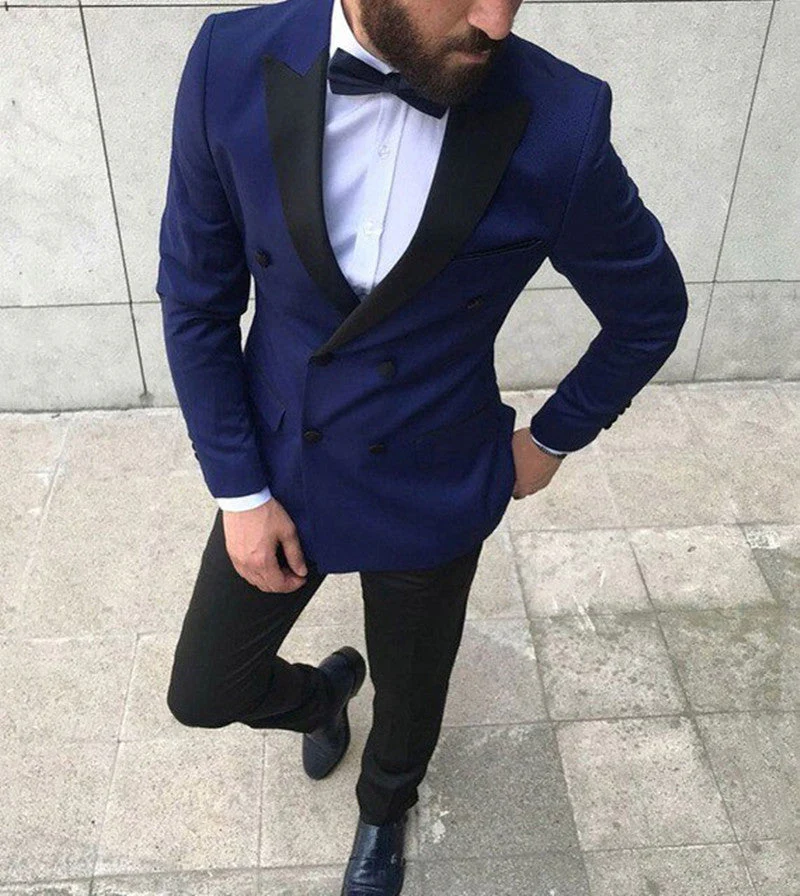 Navy Blue Peaked Lapel Double Breasted Mens Suit Online - Image 2