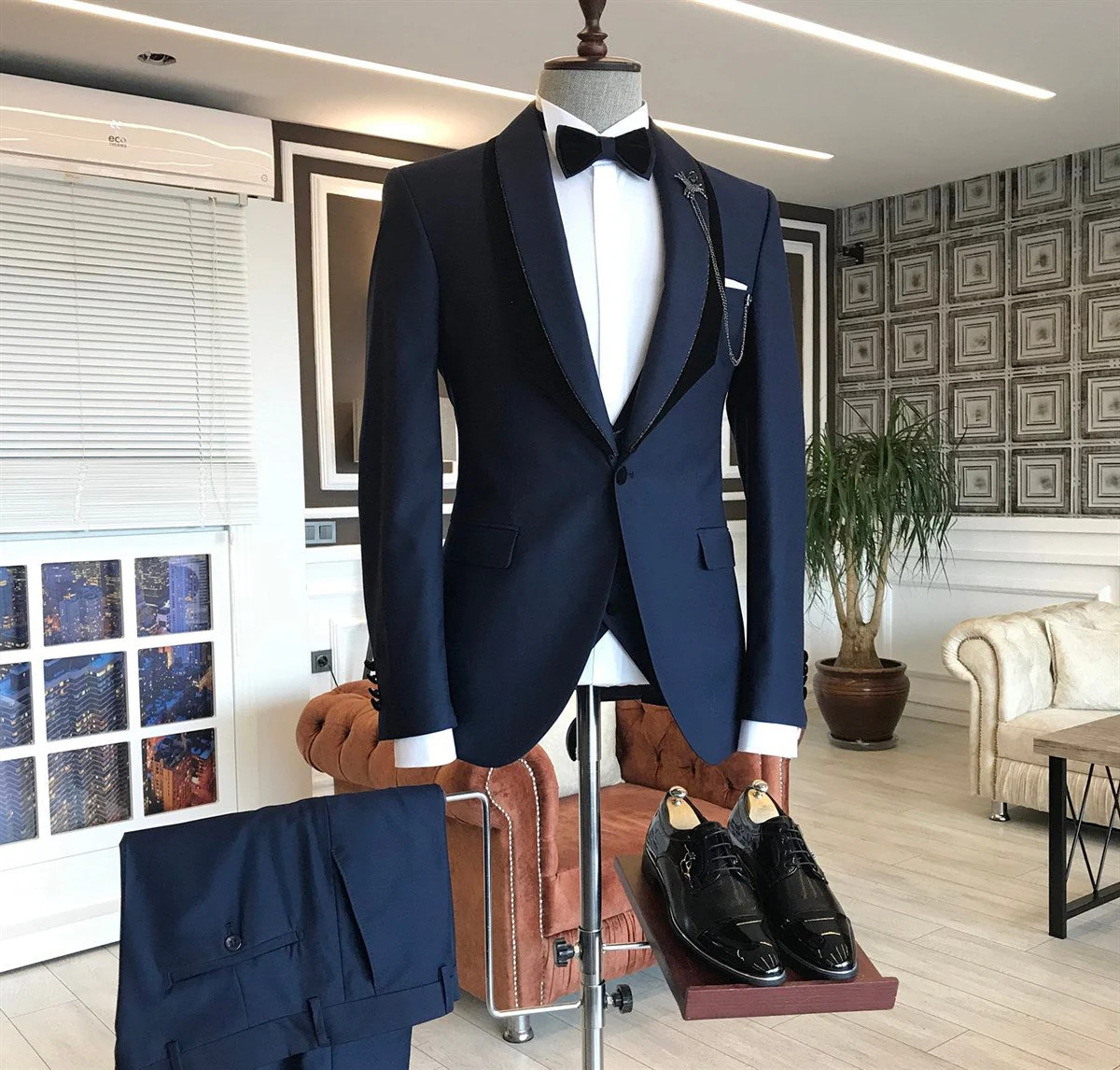 Navy Blue Shawl Lapel One Button Wedding Groom Suits - Image 2