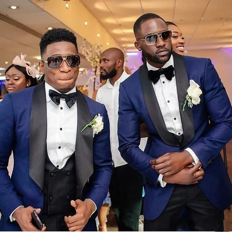 Navy Blue Three Piece Wedding Groomsmen Suit with Black Shawl Lapel - Image 2