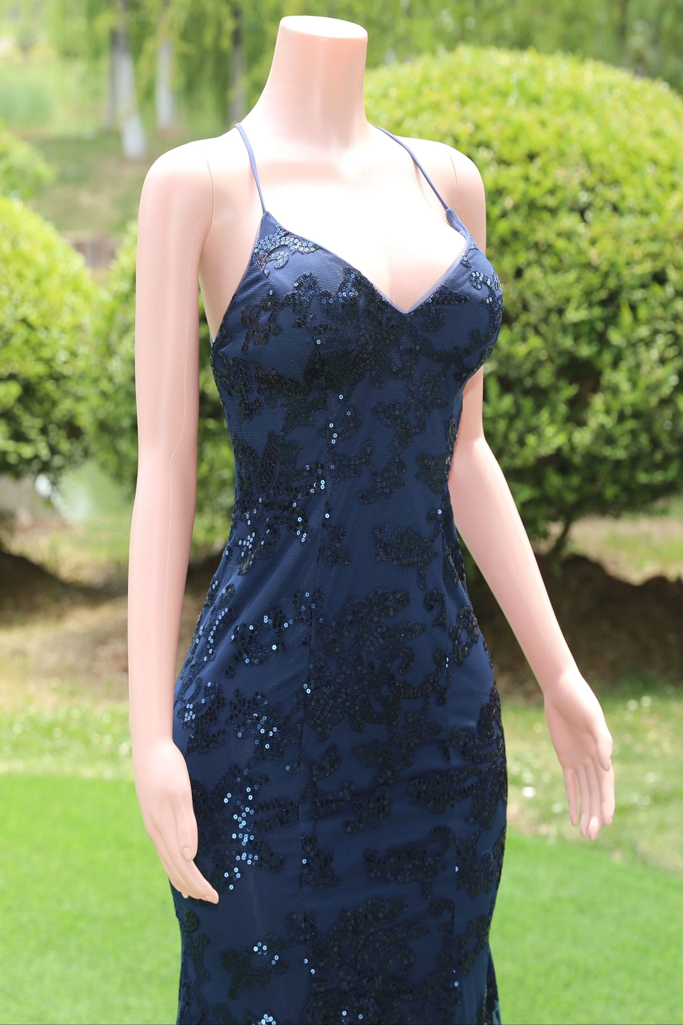 Navy Blue V-neck Mermaid Tulle High Split Prom Dresses - Image 2