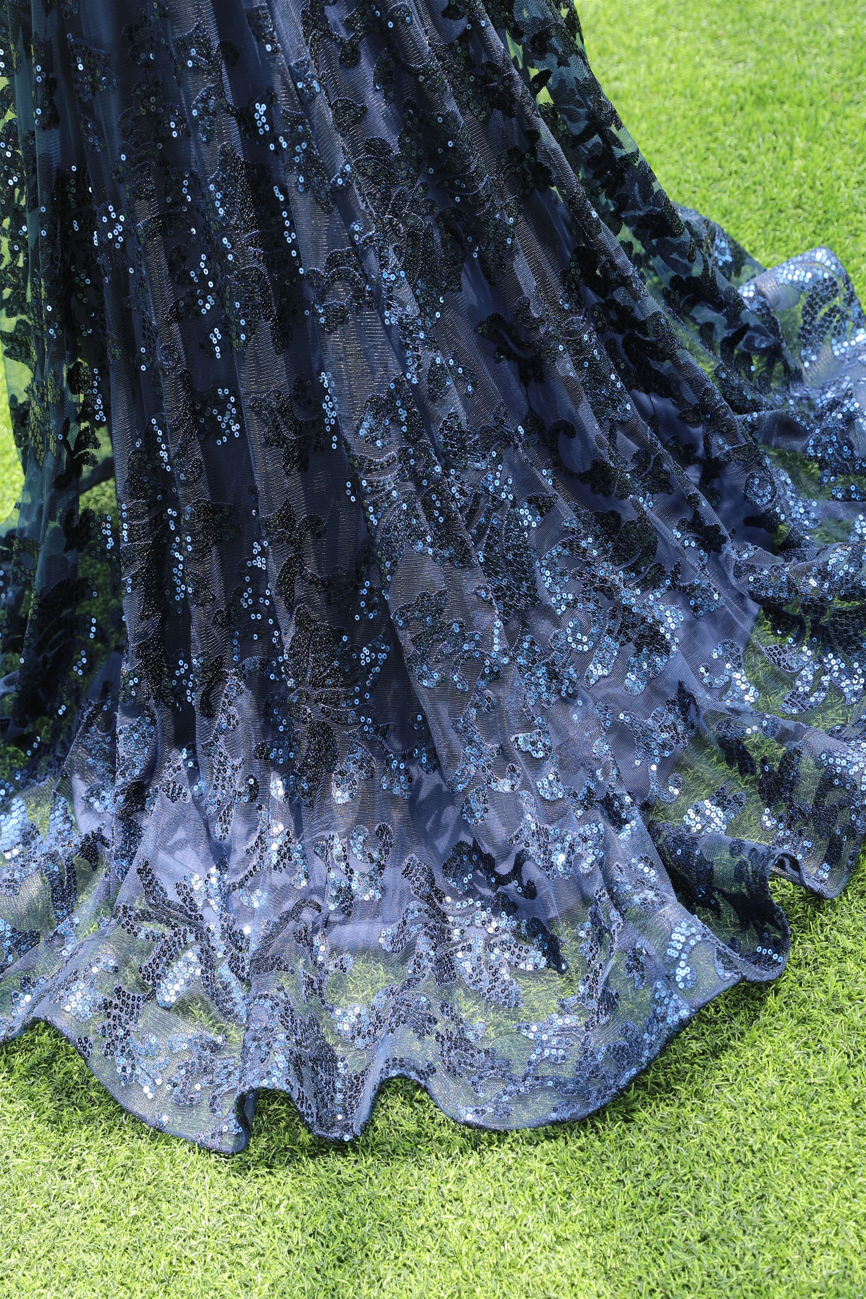 Navy Blue V-neck Mermaid Tulle High Split Prom Dresses - Image 6