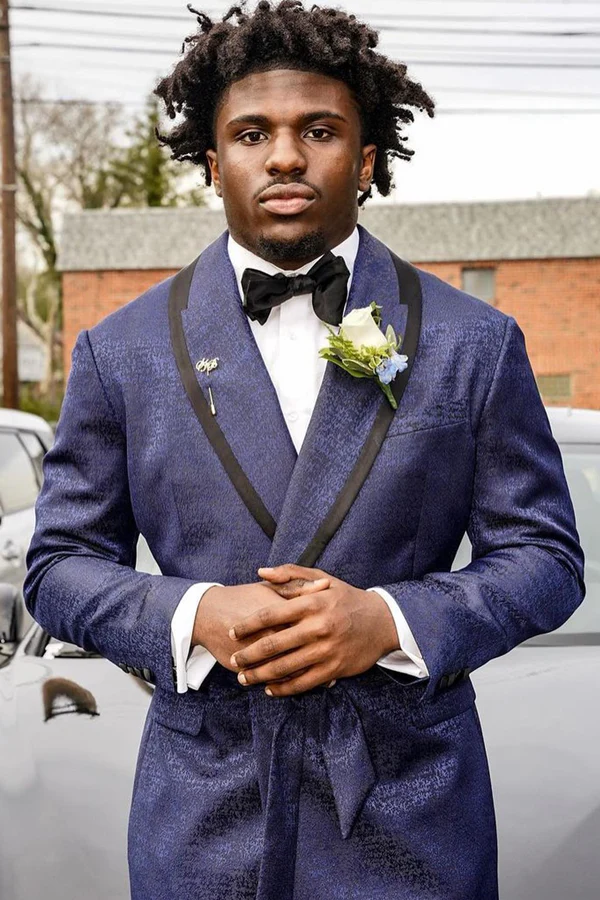 Navy Jacquard Shawl Lapel Prom Suit with Black Pants - Image 2