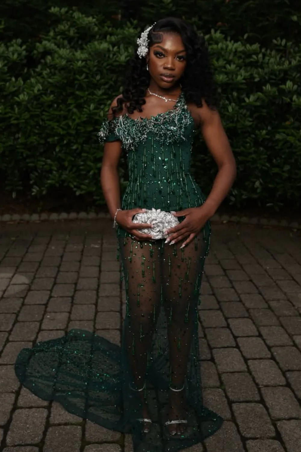 New Arrival Dark Green Sparkle Beads Mermaid Court Train Mermaid Prom Dresses - Image 2