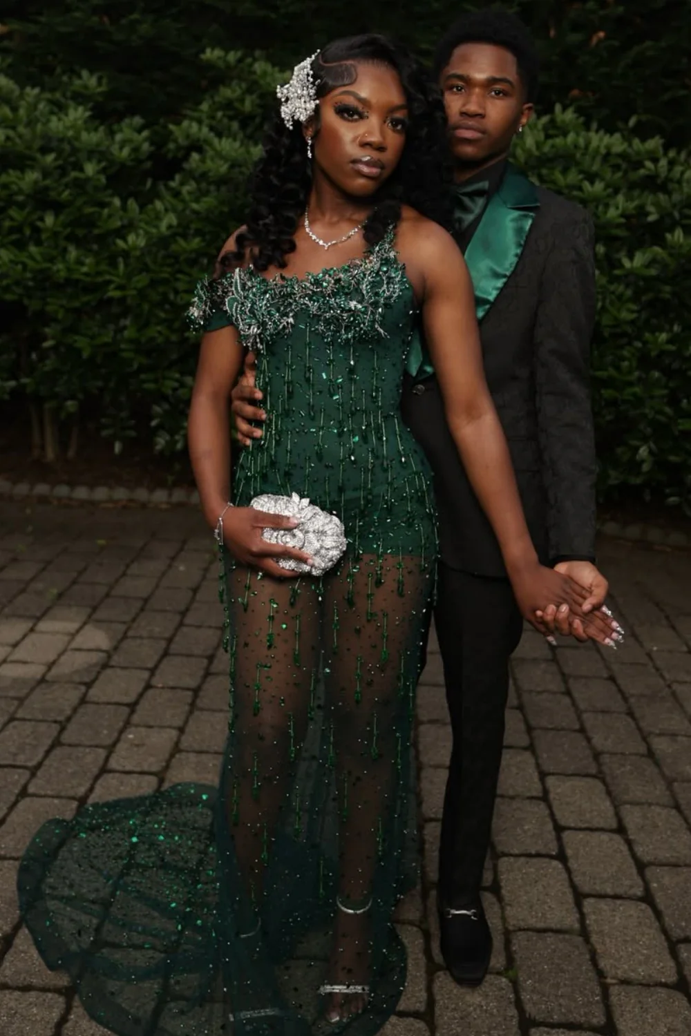 New Arrival Dark Green Sparkle Beads Mermaid Court Train Mermaid Prom Dresses - Image 3