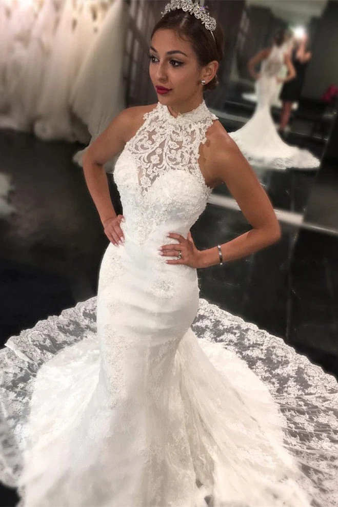 New Arrival High Neck Lace Mermaid Sleeveless Sweep Train Wedding Dress - Image 2